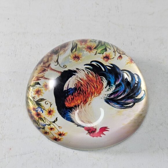 Decorative Glass Dome Paperweight Chicken Rooster Illustration Yellow Flowers - Picture 6 of 8